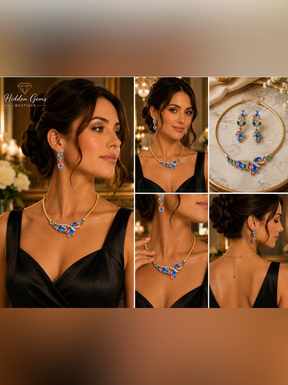 Multicolor Crystal Gold Necklace & Earring Set - Picture 2 of 5